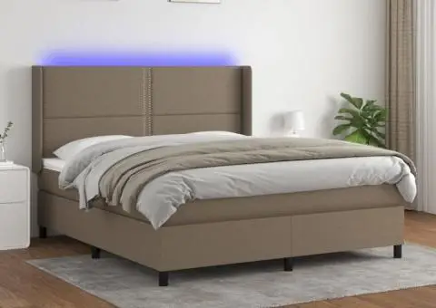 Pat cu arcuri, saltea și LED, gri taupe, 160x200 cm, textil - 1/5