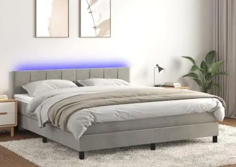 Pat cu arcuri, saltea și LED, gri deschis, 180x200 cm, catifea - 1/5