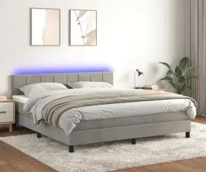 vidaXL Pat cu arcuri, saltea și LED, gri deschis, 180x200 cm, catifea