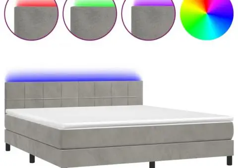 Pat cu arcuri, saltea și LED, gri deschis, 180x200 cm, catifea - 2/5