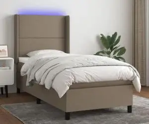 vidaXL Pat cu arcuri, saltea și LED, gri taupe, 90x200 cm, textil