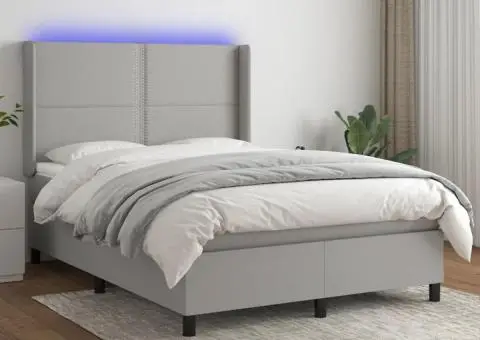 Pat cu arcuri, saltea și LED, gri deschis, 140x200 cm, textil - 1/5