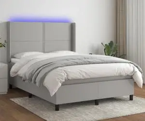 vidaXL Pat cu arcuri, saltea și LED, gri deschis, 140x200 cm, textil