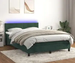 vidaXL Pat cu arcuri, saltea și LED, verde închis, 140x190 cm, catifea