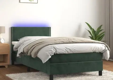 Pat cu arcuri, saltea și LED, verde închis, 90x190 cm, catifea - 1/5