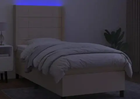 Pat cu arcuri, saltea și LED, crem, 90x190 cm, textil - 3/5