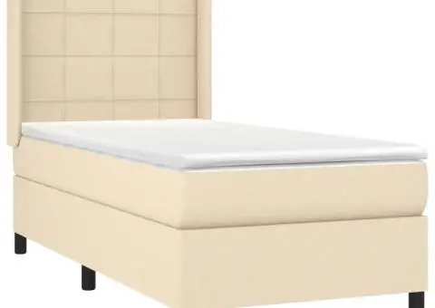 Pat cu arcuri, saltea și LED, crem, 90x190 cm, textil - 4/5