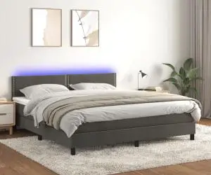 vidaXL Pat cu arcuri, saltea și LED, gri închis, 180x200 cm, catifea