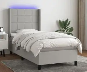 vidaXL Pat cu arcuri, saltea și LED, gri deschis, 90x190 cm, textil