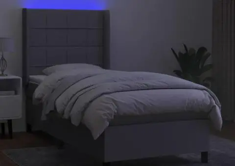 Pat cu arcuri, saltea și LED, gri deschis, 90x190 cm, textil - 3/5