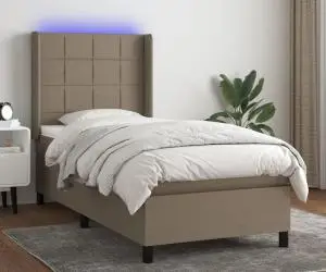 vidaXL Pat cu arcuri, saltea și LED, gri taupe, 90x200 cm, textil
