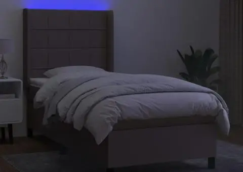 Pat cu arcuri, saltea și LED, gri taupe, 90x200 cm, textil - 3/5