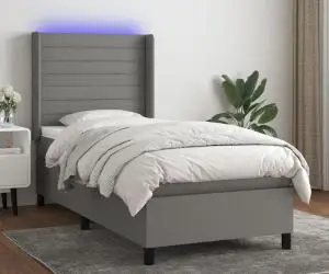 vidaXL Pat cu arcuri, saltea și LED, gri închis, 90x200 cm, textil