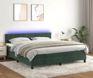 vidaXL Pat cu arcuri, saltea și LED, verde închis, 180x200 cm, catifea