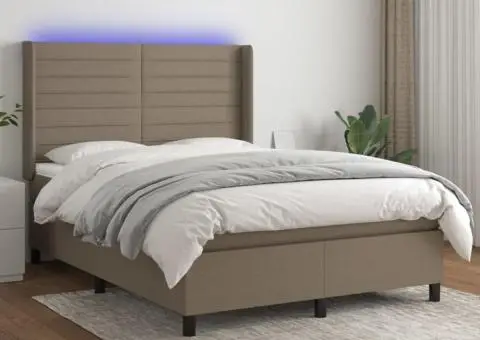 Pat cu arcuri, saltea și LED, gri taupe, 140x190 cm, textil - 1/5