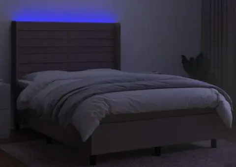 Pat cu arcuri, saltea și LED, gri taupe, 140x190 cm, textil - 3/5