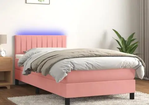 Pat cu arcuri, saltea și LED, roz, 100x200 cm, catifea - 1/5