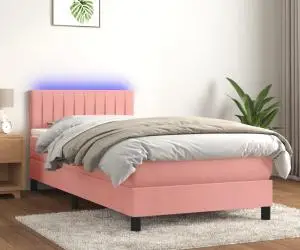 vidaXL Pat cu arcuri, saltea și LED, roz, 100x200 cm, catifea