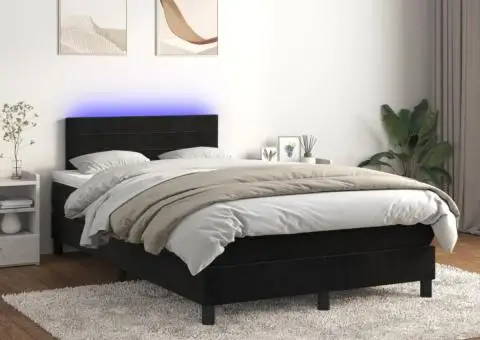 Pat cu arcuri, saltea și LED, negru, 120x200 cm, catifea - 1/5