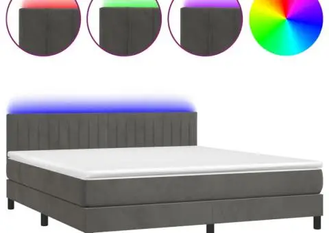 Pat cu arcuri, saltea și LED, gri închis, 180x200 cm, catifea - 2/5