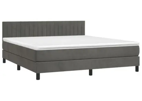 Pat cu arcuri, saltea și LED, gri închis, 180x200 cm, catifea - 3/5