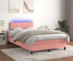 vidaXL Pat continental cu saltea & LED, roz, 120x200 cm, catifea