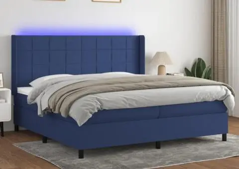 Pat cu arcuri, saltea și LED, albastru, 200x200 cm, textil - 1/5