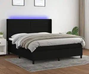 vidaXL Pat cu arcuri, saltea și LED, negru, 180x200 cm, textil