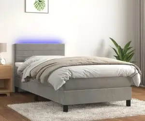 vidaXL Pat cu arcuri, saltea și LED, gri deschis, 90x200 cm, catifea