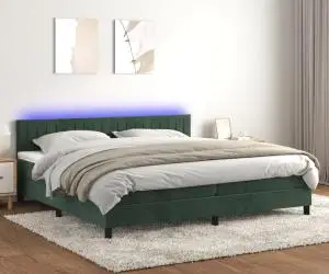 vidaXL Pat cu arcuri, saltea și LED, verde închis, 200x200 cm, catifea