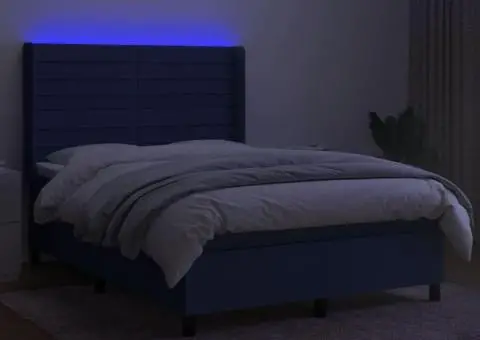 Pat cu arcuri, saltea și LED, albastru, 140x200 cm, textil - 3/5