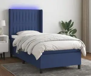 vidaXL Pat cu arcuri, saltea și LED, albastru, 90x190 cm, textil