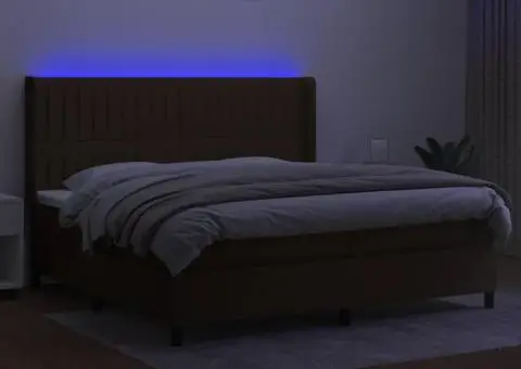 Pat cu arcuri, saltea și LED, maro închis, 200x200 cm, textil - 3/5