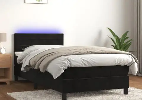 Pat cu arcuri, saltea și LED, negru, 90x200 cm, catifea - 1/5