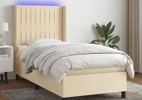 Pat cu arcuri, saltea și LED, crem, 80x200 cm, textil - 1/5