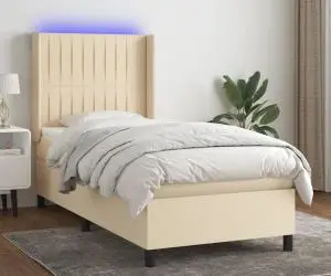 Pat cu arcuri, saltea și LED, crem, 80x200 cm, textil