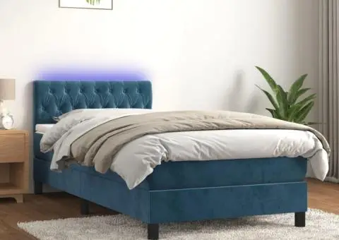 Pat cu arcuri, saltea și LED, bleumarin, 90x190 cm, catifea - 1/5
