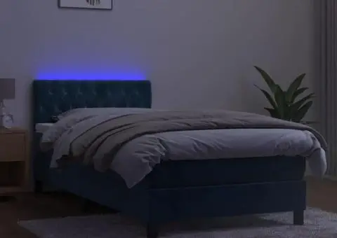 Pat cu arcuri, saltea și LED, bleumarin, 90x190 cm, catifea - 4/5