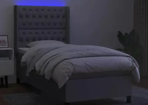 Pat cu arcuri, saltea și LED, gri deschis, 100x200 cm, textil - 3/5