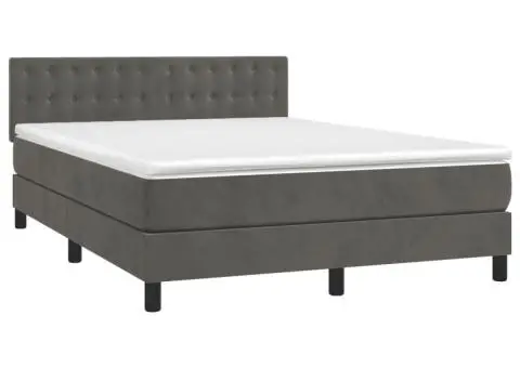 Pat cu arcuri, saltea și LED, gri închis, 140x190 cm, catifea - 3/5