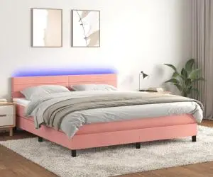 vidaXL Pat continental cu saltea & LED, roz, 120x200 cm, catifea