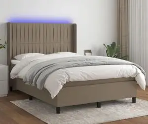 vidaXL Pat cu arcuri, saltea și LED, gri taupe, 140x200 cm, textil