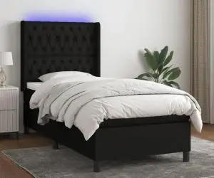vidaXL Pat cu arcuri, saltea și LED, negru, 90x200 cm, textil