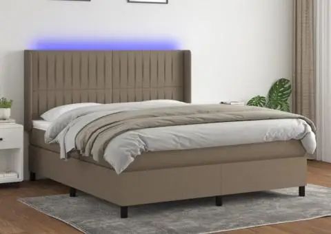 Pat cu arcuri, saltea și LED, gri taupe, 180x200 cm, textil - 1/5