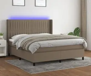 vidaXL Pat cu arcuri, saltea și LED, gri taupe, 180x200 cm, textil