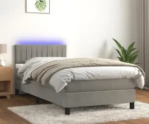 vidaXL Pat cu arcuri, saltea și LED, gri deschis, 90x190 cm, catifea