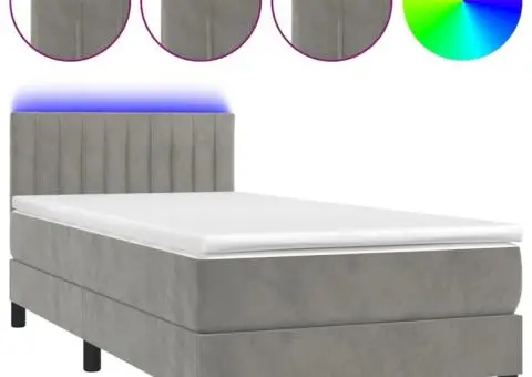 Pat cu arcuri, saltea și LED, gri deschis, 90x190 cm, catifea - 2/5