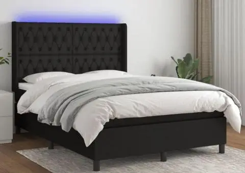 Pat cu arcuri, saltea și LED, negru, 140x200 cm, textil - 1/5