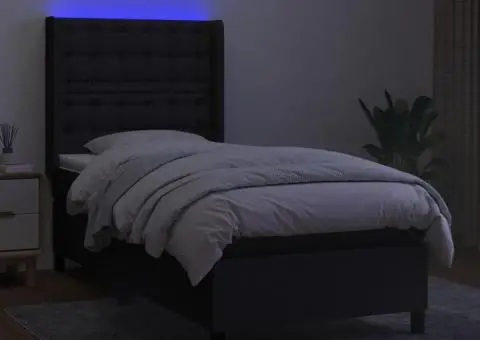 Pat cu arcuri, saltea și LED, negru, 90x190 cm, textil - 3/5