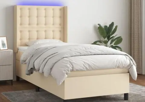 Pat cu arcuri, saltea și LED, crem, 90x190 cm, textil - 1/5